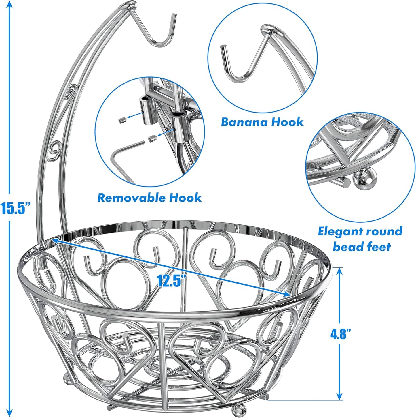 Simple Houseware Fruit Basket Bowl with Banana Tree Hanger, Chrome Finish