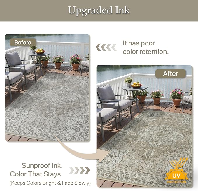 GENIMO Outdoor & Indoor Area Rug 8'x10', Waterproof, Non-Shedding, Easy Cleaning, Boho Mat for Patio, Living Room, Balcony, Dining Room, RV, Deck, Bedroom, Camping, Outside Carpet,Coffee Beige