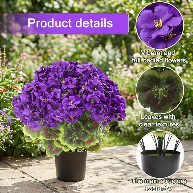 lovemoon 2Set Geranium Potted Artificial Flowers,Fake Geranium Plants for Outdoor Home Décor Office Tables Porch Garden Decor (2, Purple)