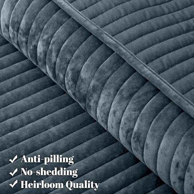PHF Luxury Velvet Quilt Set Queen Size – 3PCS Ultra Soft Quilted Comforter Alternative with Striped Channel, Cozy Quilted Bedspread, 1 Coverlet with 2 Matching Shams, 90" x 92", Stormy Blue