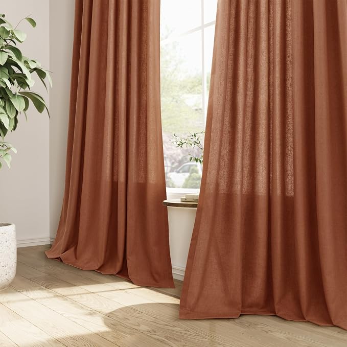 Guken Terracotta Pinch Pleated Linen Curtains 108 Inch Length 2 Panels for Living Room Bedroom Boho Farmhouse Country Privacy Light Filtering Semi Sheer Back Tab Drapes with Hooks for Nursery 40x108