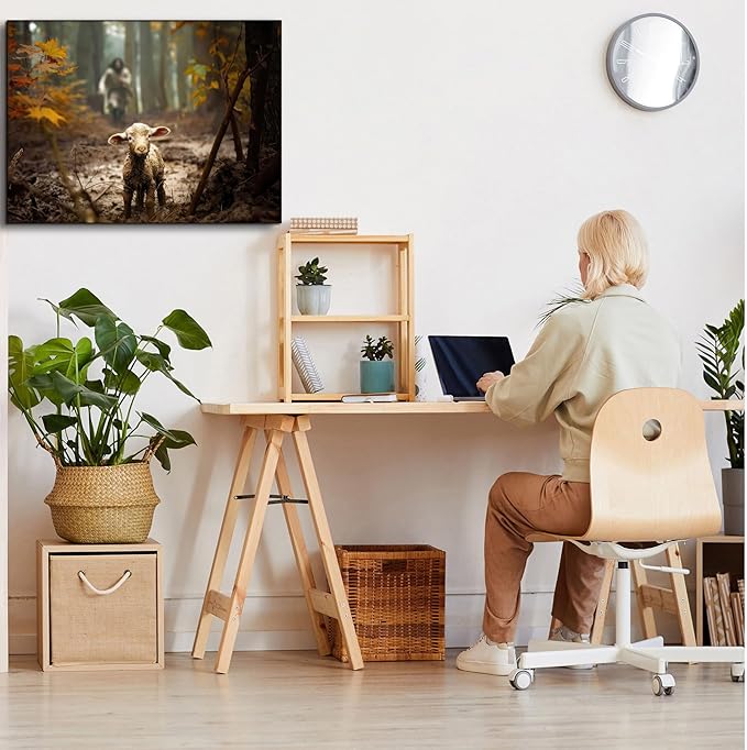 Baptism gifts for boys or girl wall decor, christian gifts for women & men, Jesus and Lamb Canvas poster Jesus Running After Lost Lamb Picture for prayer room Posters religious gift serenity prayer wall art for home decor A-366 (24"X16")
