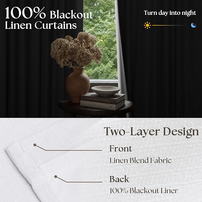 White Blackout Pinch Pleated Linen Curtains 105 Inches Long for Living Room 2 Panels Thermal Insulted Dual Layer Drapes Ceiling Floor Back Tab 105 Inch Window Curtains Bedroom Sliding Glass Door