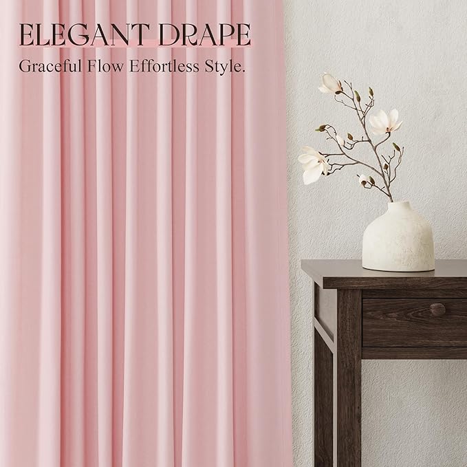 Jowels Pink Linen Curtains 100 Inch Long 2 Panels for Living Room | Light Filtering Semi Sheer Curtain, Back Tab Pocket Pleated Look, Boho Farmhouse Textured Privacy Drapes for Bedroom Window