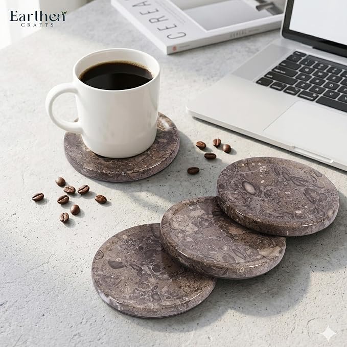 Marble Coasters Set of 4 Round Oceanic Handmade Modern 4" Inches Coasters for Drink, Stylish Drink Coaster for Dining Table & Ideal Kitchen Countertop Decor