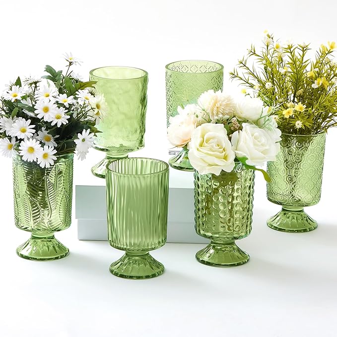 6 Pcs (H: 7" W: 4") Embossed Flower Vase Pedestal Glass Vase Big Base Thickened Crystal Vintage Vases for Wedding Party Home Decor Table Centerpiece House Warming Gifts (Green,Classic)