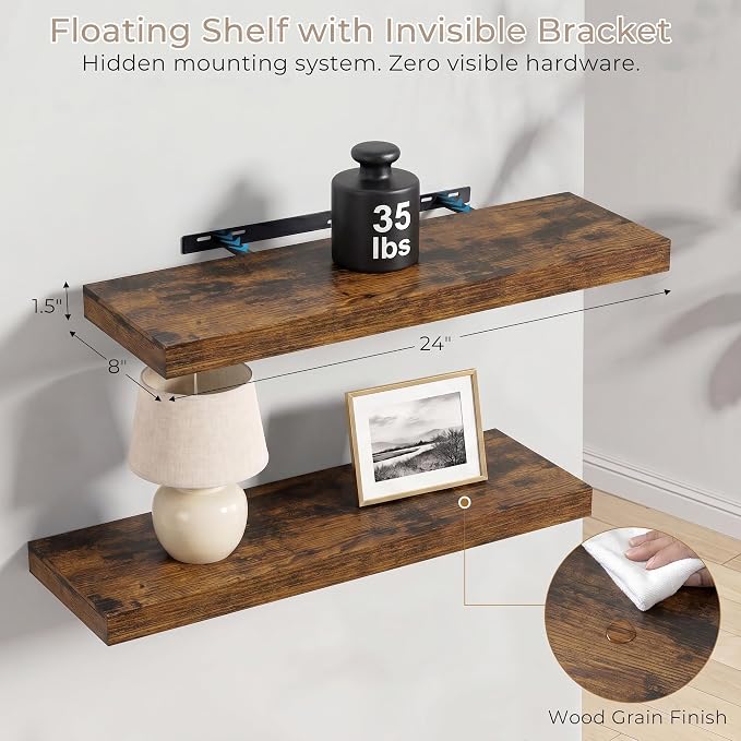 Vivelove Wall Floating Shelves for Display with Invisible Brackets, 24 Inch Floating Shelves for Bedroom Bathroom Living Room Kitchen Office, 24”X 8" X 1.4", Set of 2 - Rustic Brown