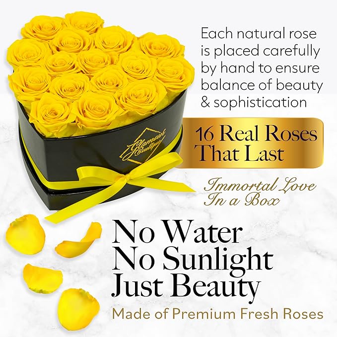 GLAMOUR BOUTIQUE 16 Flower Forever Heart Shape Box, Eternal Preserved Roses Gift for Her, Lasting Flowers, Romantic Floral Keepsake for Birthday, Anniversary or Valentine’s Day, Yellow (Color-Treated)