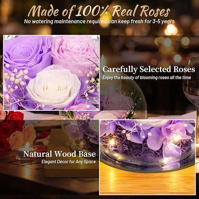 Preserved Light Purple Real Rose in Glass with Scented Candles–Forever Flower Romantic Anniversary Mothers Day Christmas Birthday Valentines Day Gifts for Her, Women, Wife, Girlfriend, Mom, Grandma