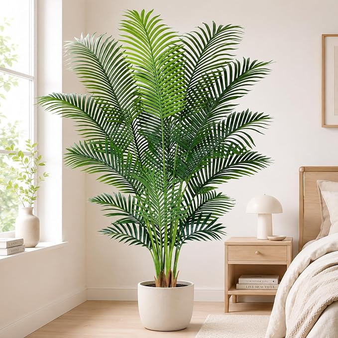 Artificial Palm Tree 6.2ft Tall Fake Palm Tree Indoor Decor with 18 leaves and Real Bark Design Faux Tropical Areca Palm Silk Floor Plant in Pot for Home Office Living Room Bedroom Decor 1pcs