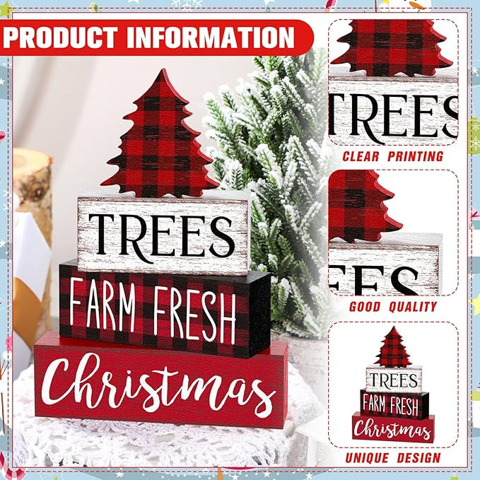 Marsui 4 Pcs Christmas Wooden Tabletop Decor Neutral Christmas Decor Rustic xmas Tree Block Sign Buffalo Plaid Table Centerpiece for Home Office Desk Tiered Tray Farmhouse Decorations