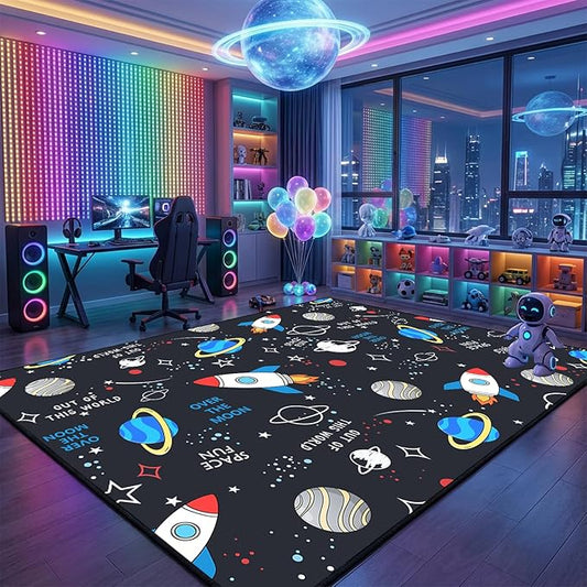 Space Rug 6x9 Feet, Solar System Kids Rugs for Playroom, Non-Slip Outer Space Planet Area Carpet for Boys Bedroom, Blue Galaxy Themed Floor Mat, Large Educational Nursery Decor