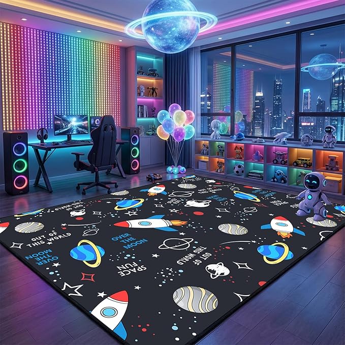 Space Rug 9x12 Feet for Boys Room, Solar System Kids Rugs for Playroom, Large Educational Outer Space Area Rug with Planets Rocket Stars, Galaxy Floor Carpet for Bedroom Nursery Classroom