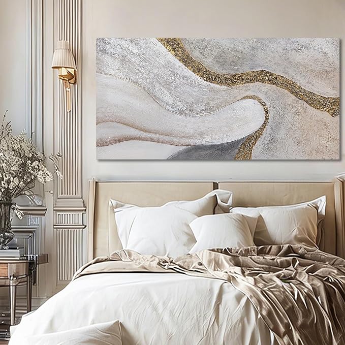 ZUNARE Modern White and Gold Abstract Canvas Wall Art Textured Posters Picture Flowing Line Design Minimalist Artwork for Living Room Bedroom Office Neutral Wall Decor 24x48 Inch