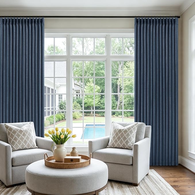 Extra Long Navy Blackout Curtains 120 Inches Long for Bedroom 2 Panels Pinch Pleated 100% Black Out Soundproof Room Darkening Dark Blue Window Curtains Double Layer Pinch Pleat Drapes
