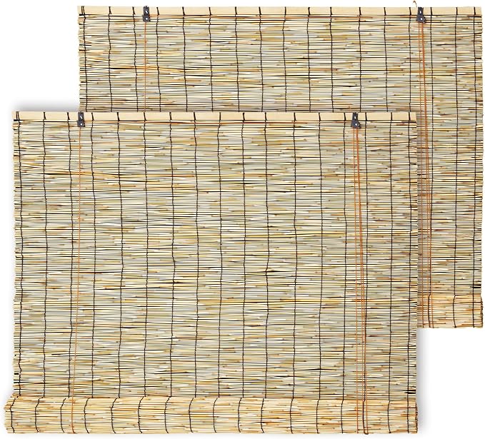 Reed Roller Shades,2 Pcs 48" W x 72" H Waterproof Privacy Screen Bamboo Outdoor Blind, Reed Curtain for Porch, Patio, Yard, Windows (Natural)