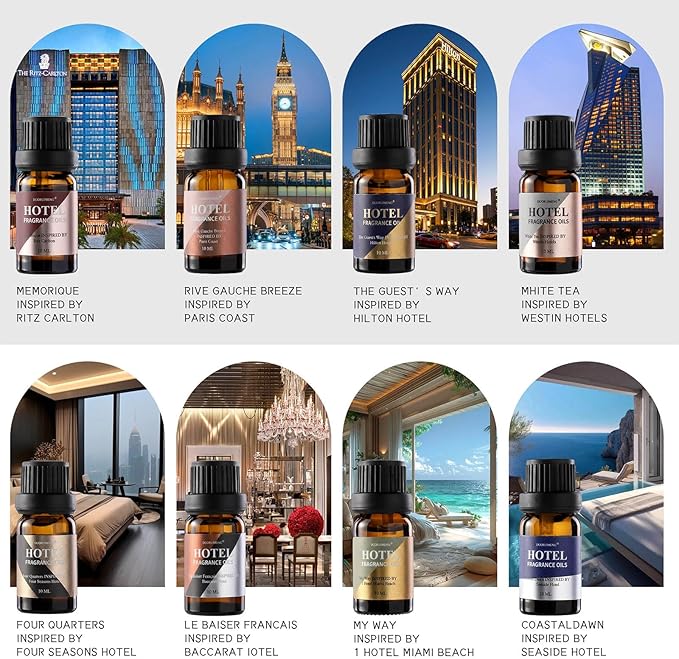 Hotel Diffuser Oil Gift Set - Inspired by 5-Star Hotel Scents - My Way,Ritz - C,Westin White Tea,Baccarat,Four Seasons,Hilton,Beachfront Villa,Paris Coast, Fragrance Oil Set