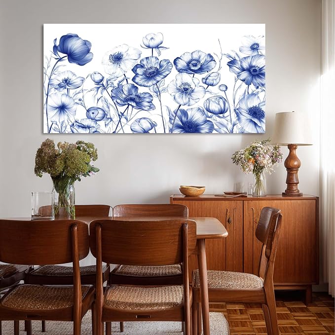 Ggaafet Navy Blue Sketch Flowers Wall Art for Bedroom Canvas Oil Painting Prints Beautiful Floral Blooming Art Deco Pretty Artwork Office Family Dining Room Decor