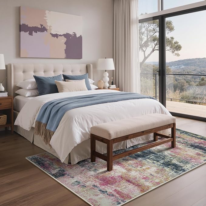 BEIMO Area Rugs 5x7 for Living Room Bedroom, Modern Abstract Machine Washable Rug, Large Soft Low Pile Floor Carpet with Non Slip Backing for Dining Room, Navy/Pink