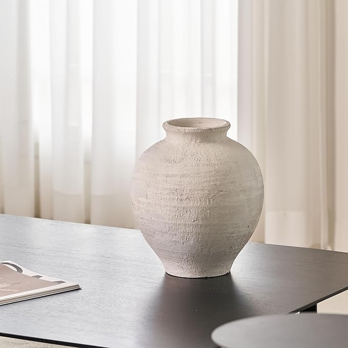 LB2 White Ceramic Large Vase, 11.8" Tall Zen Style, Terra Cotta Pitcher, Distressed Farmhouse Decor, Pottery Decorative Flower for Home Decor (C - White 11.8")