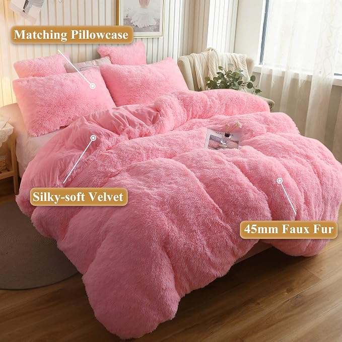 XeGe Plush Shaggy Duvet Cover Set, Luxury Ultra Soft Crystal Velvet Fluffy Bedding Sets 3 Pieces(1 Furry Faux Fur Comforter Cover + 2 Fuzzy Faux Fur Pillowcases) Zipper Closure(Queen, Light Pink)