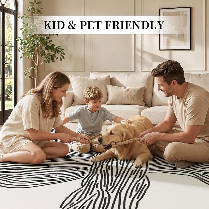 YIHOUSE 5×7Ft Area Rugs, Abstract Washable Rug, Modern Black and White Rug for Bedroom Living Room Dining Room Office Playroom Nursery, Nonslip Throw Non-Shedding Thin Contemporary Striped Rugs | Soft low-pile modern striped 5x7 rug with non-slip backi...