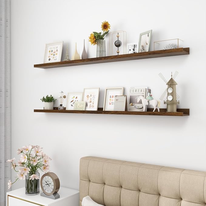 Acovy Picture Ledge Shelf, Wood, 56 inch, Walnut, Set of 2 | Long Floating Shelves, Wall Mounted, For Living Room Kids' Room Bedroom, Photo Ledge Nursery Book Shelves