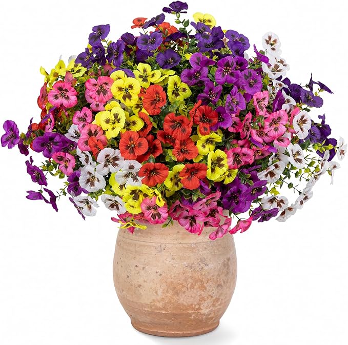 24 Pcs Artificial Fake Pansy Flowers for Outdoor,Faux Silk Plants Flowers UV Resistant Pansies Spring Flowers for Planter Front Door Porch Yard Patio Garden Window Box Home Decor(6 Color)