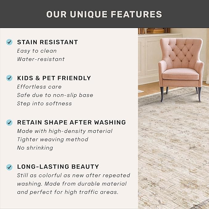 Farmhouse 6x8 Area Rug for Living Room, Beige Cream Large Rug for Bedroom, Dining Room & Home Office, Soft Modern Carpet for Neutral Home Decor, Non-Slip Washable Floor Rug for High-Traffic Areas