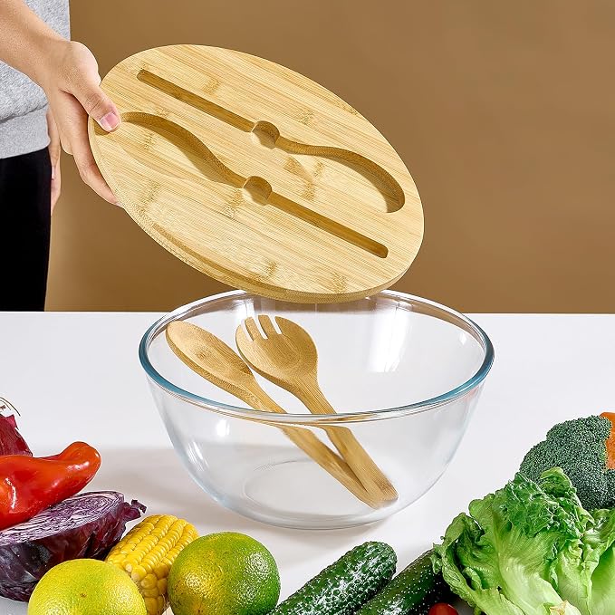 JOYMAY Glass Salad Bowl, 10.7inch Salad Bowl with Lid Thick Glass Mixing Bowls Serving Bowls, 4.7 Quart Large Salad Bowls with Bamboo Utensils, Trifle Bowl Fruit Bowl for Salad, Pasta, Microwave Safe