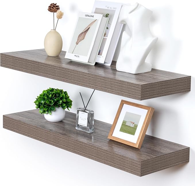 FLYJOE Deep Floating Shelves, 36 Inch Grey Shelves Set of 2 | 12 Inch Deep Shelves for Wall, 36'' x 12'' Rustic Grey Wood Shelves for Bathroom Living Room Laundry Room Kitchen