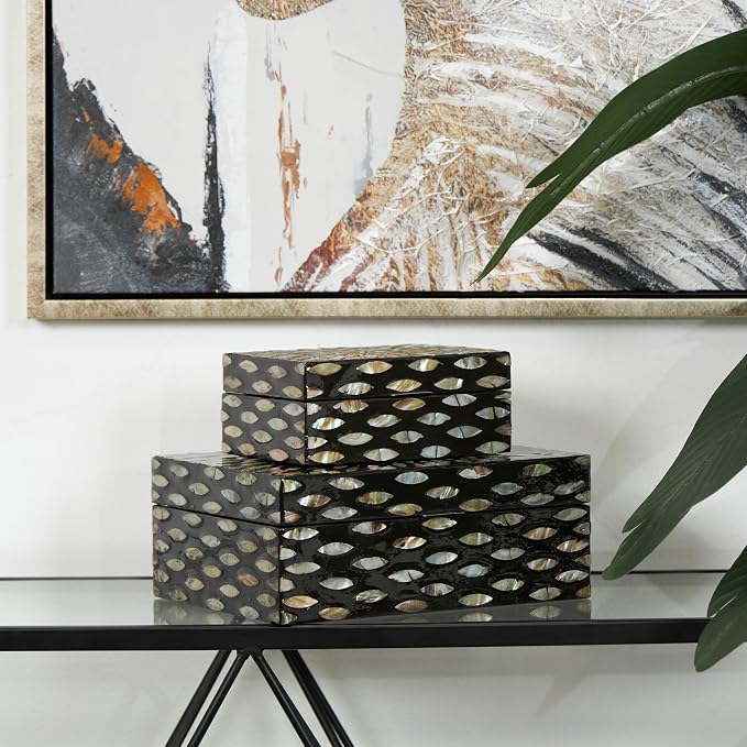 Deco 79 Mother of Pearl Shell Decorative Box Geometric Floral Decorative Keepsake Boxes with Beige Accents, Set of 2 Storage Boxes 12", 8"W, Black
