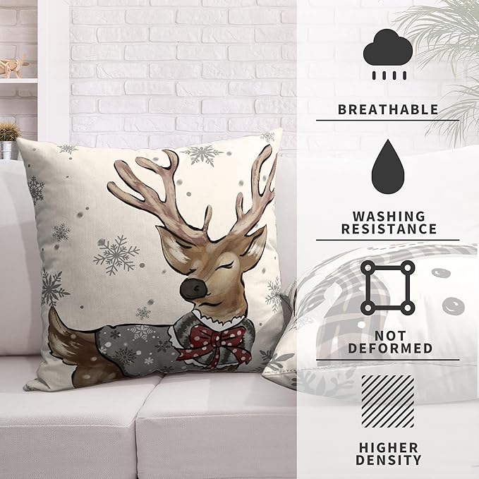 Christmas Pillow Case 24x24 Brown Snowman Reindeer with Snowflakes Decorative Throw Pillow Covers Cotton Linen Cushion Case for Home Decor Couch Living Room 2 Pack
