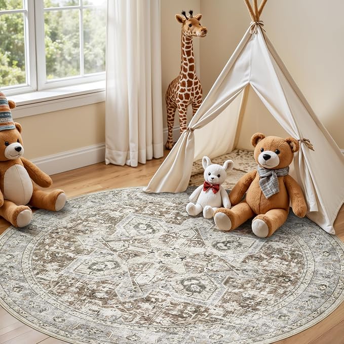 Tortania 6' Round Area Rug Living Room Rugs - Washable Boho Rug Vintage Oriental Distressed Farmhouse Large Thin Indoor Carpet for Bedroom Under Dining Table Home Office - Brown Blue