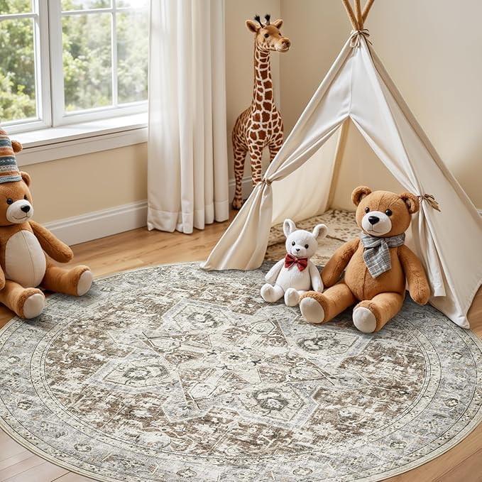 Tortania 5' Round Area Rug Living Room Rugs - Washable Boho Rug Vintage Oriental Distressed Farmhouse Large Thin Indoor Carpet for Bedroom Under Dining Table Home Office - Brown Blue