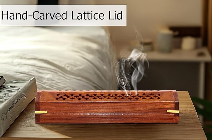 Sheesham Wood Incense Burner Holder – Set of 2 Coffin Style Carved Lattice Lid Ribbed Wood Detail Incense Box - Hidden Storage & Ash Catcher – Aromatherapy Stick & Cone Burner - 12x2x2 – COTTON CRAFT