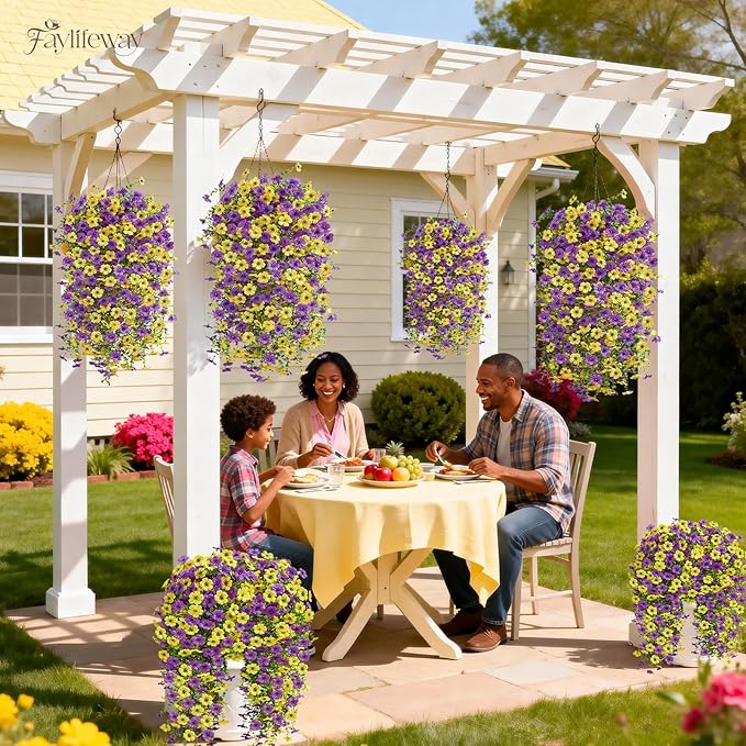 Artificial Hanging Flowers for Outdoors Spring Summer Decoration, 8PCS UV Resistant Silk Fake Hanging Plants for Patio Porch Front Yard Window Garden Indoor Decor(Purple&Yellow,8PCS)