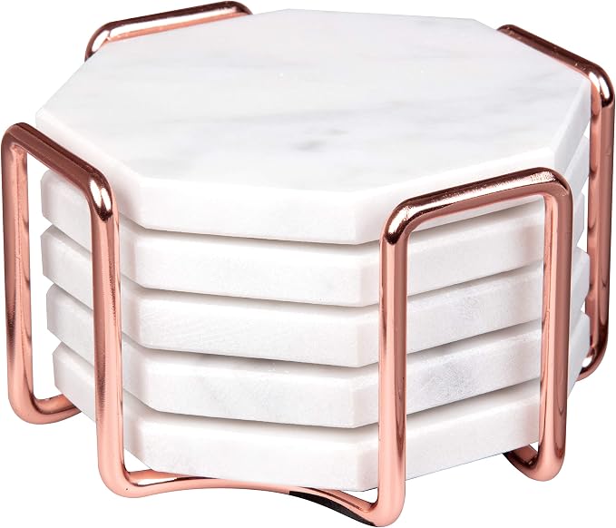 White Carrara Marble Coasters & Rose Gold Coaster Holder (Set of 5)- Durable, Thick Coasters - Protects Any Table Type & Fits Any Coffee Mug, Drinking Glass, Barware - Great Wedding
