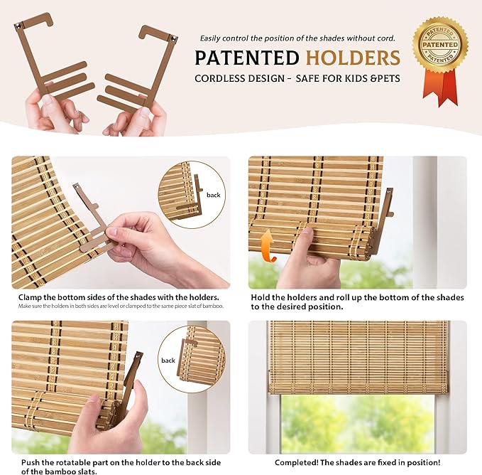 LazBlinds Cordless Bamboo Blinds, 32"x72", Brown206 | Bamboo Roll Up Shades for Windows, Light Filtering Hanging Window Blinds, Bamboo Shades for Patio Indoor/Outdoor Porch