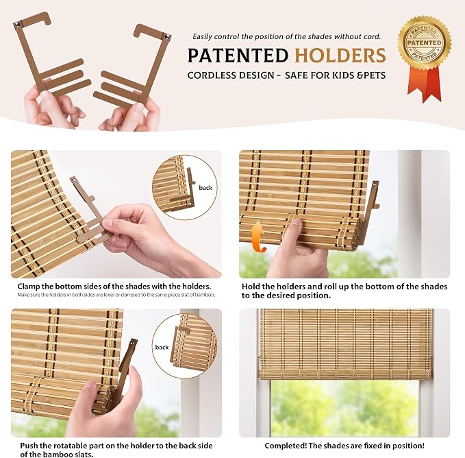 LazBlinds Cordless Bamboo Blinds, 27"x48", Whitewash B | Bamboo Roll Up Shades for Windows, Light Filtering Hanging Window Blinds, Bamboo Shades for Patio Indoor/Outdoor Porch