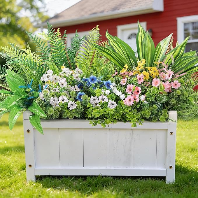 Alupssuc 48Pcs Artificial Flowers and Plants,UV Resistant & No Fade Fake Plastic Greenery Shrubs for Home Garden, Pathway, Front Porch-Spring Summer Decor, Indoor/Outdoor Use,Pink Blue Yellow White