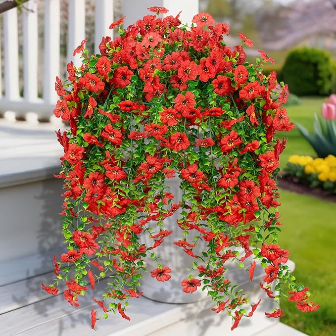 LikSoor 4 Pcs Artificial Outdoor Hanging Plants Spring Summer Decoration UV Resistant Faux Silk Flowers for Outside, Garden, Porch, Window, Home Decor (Red)