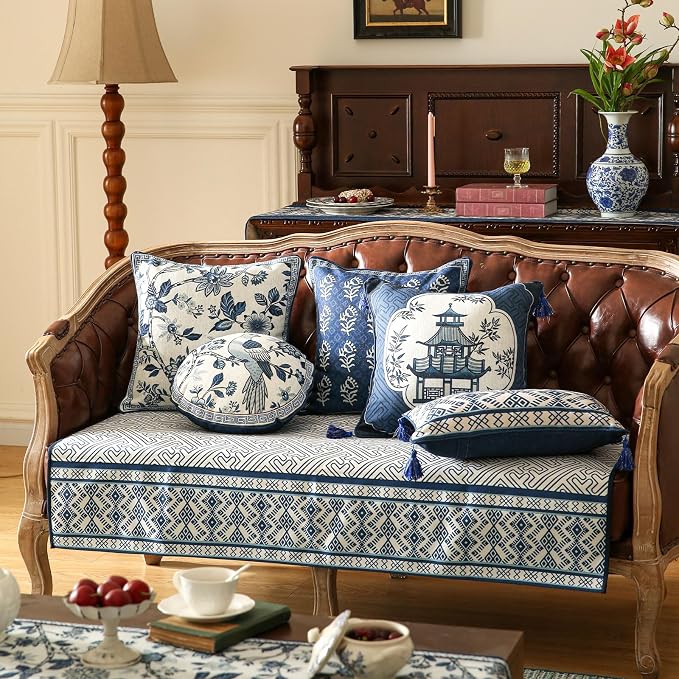 bilin gaier Round Linen Throw Pillow Cover,Set of 2,Diameter 16"-Suqing A | Designer Vintage Elegant Pillow Cover,Concealed Zipper,Blue Floral and Bird Pattern,Sofa,Bedroom,Living Room,Chairs