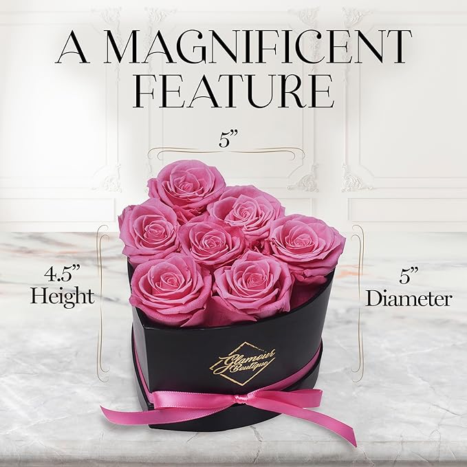 GLAMOUR BOUTIQUE 7 Flower Forever Heart Shape Box, Eternal Preserved Roses Gift for Her, Lasting Flowers, Petite Floral Heart Box for Birthday, Anniversary or Valentine’s Day, Pink (Color-Treated)