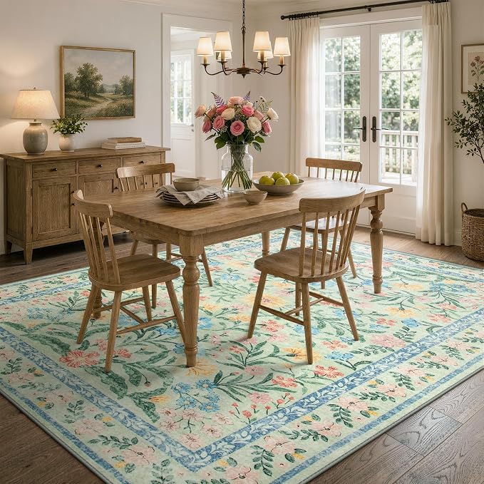Wonnitar Machine Washable 5x7 Area Rug, Boho Floral Rugs for Living Room Non-Slip, Soft Pink and Green Flower Ultra-Thin Non Shedding Carpet for Bedroom Dining Room Nursery
