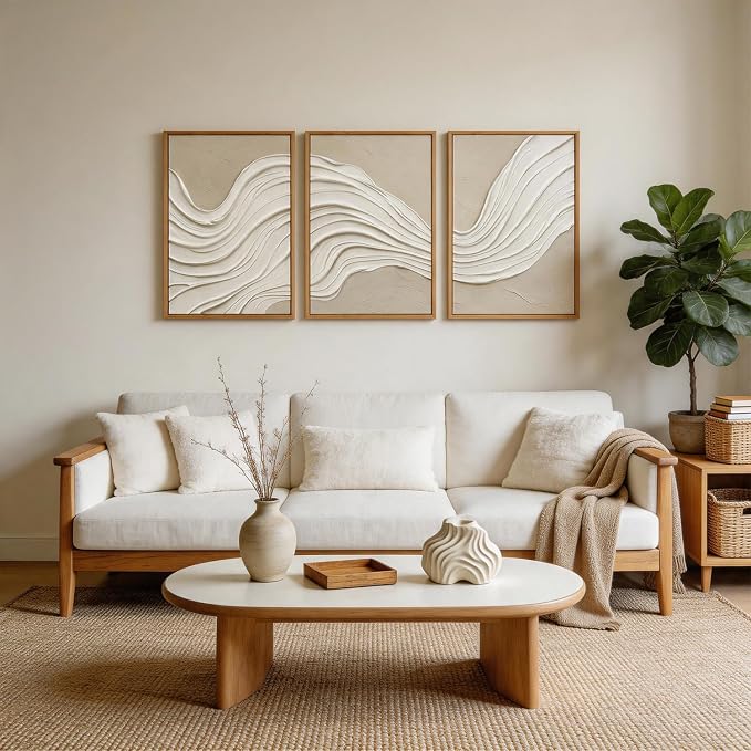CHDITB 3D Textured Abstract Flow Wave Relief Sculpture Framed Canvas Wall Art Set, Neutral Earth Tone Minimalist Texture Prints, Modern Wall Decor for Living Room Hallway Bedroom Home Decor 16"x24"x3