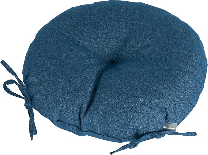 Magpie Fabrics Outdoor 15"x15"x4" Round Bistro Seat Cushions with Ties Set of 2, Tufted Waterproof Patio Floor Chair Pads for Home Garden Balcony Kitchen Office Porch, Dark Blue