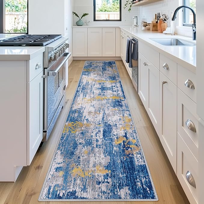 RELEANY Washable Area Rugs 2'x10' Non-Slip Modern Abstract Soft for Living Room Entryway Bedroom Nursery, Print Pattern, Grey Blue Gold/Golden