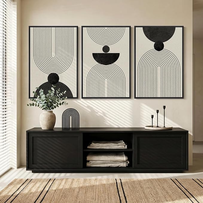 Framed Black and White Abstract Wall Art for Living Room, 3 Piece Modern Geometric Minimalist Canvas Artwork for Walls, Large Boho Neutral Prints Wall Decor for Bedroom Home Office Hallway, 24x36 Inch