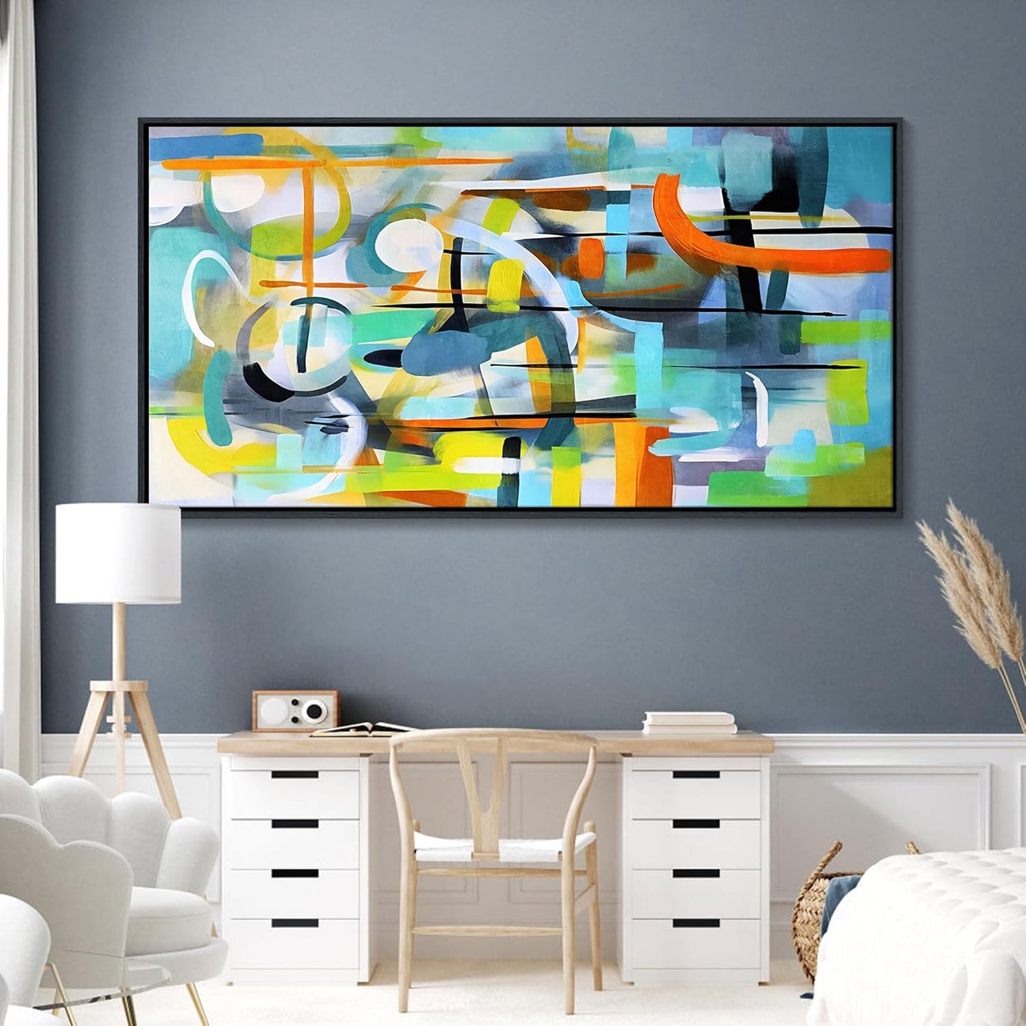 Mofutinpo Abstract Wall Art Framed Pictures for Living Room Wall art - Large Modern Abstract Canvas Wall Decoration-Colorful Wall Art-Teal And Blue Line Art - Graffiti Paintings for Bedroom 29×58IN